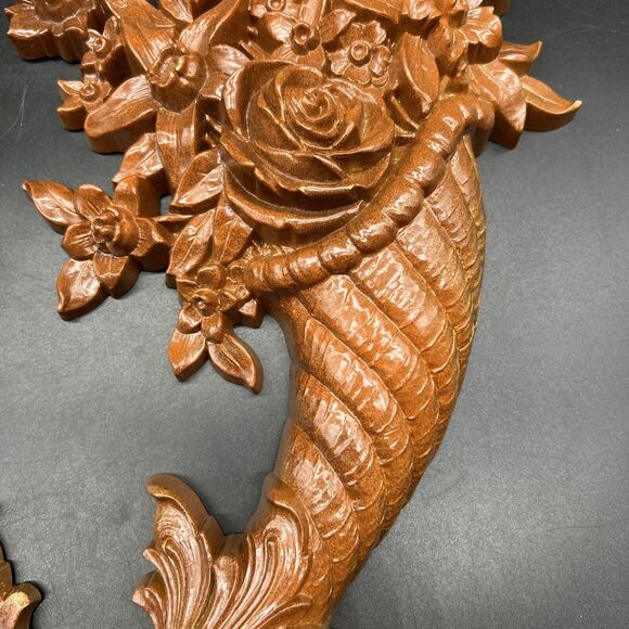 Set 2 Vintage Syrocco MCM Wall Hanging Plaques 16" Cornucopia Fruit Flower 1965 - Picture 6 of 13